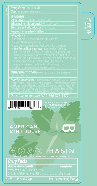 Basin American Mint Julep Spf 15 Broad Spectrum Sunscreen Lip Balm Label (L35719 Pl117s Basin Epcot Vegan Spearmint Spf 15 Broad Spectrum Sunscreen Lip Balm 2023 1 31 Ol)